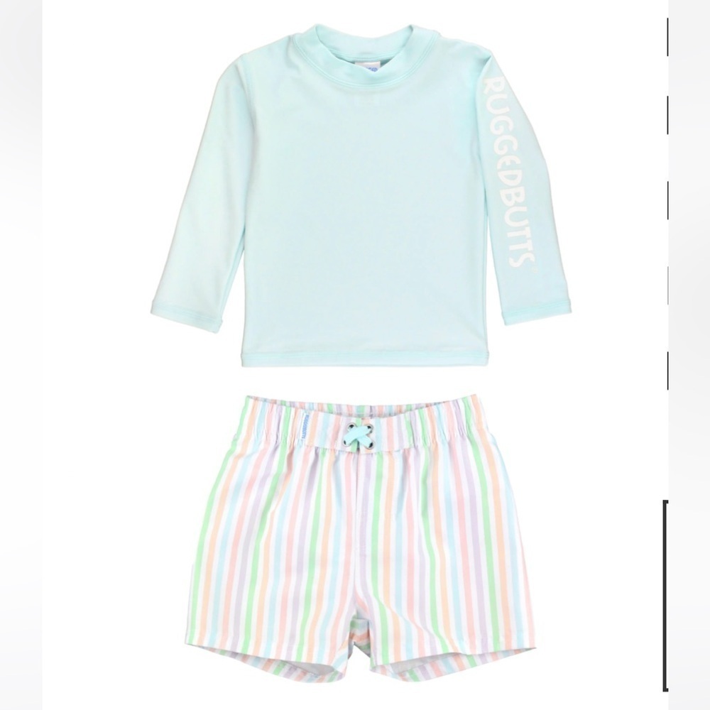 RuggedButts Long Sleeve Two-Piece Rashguard Swimsuit
RAINBOW STRIPE, Size 12-18M